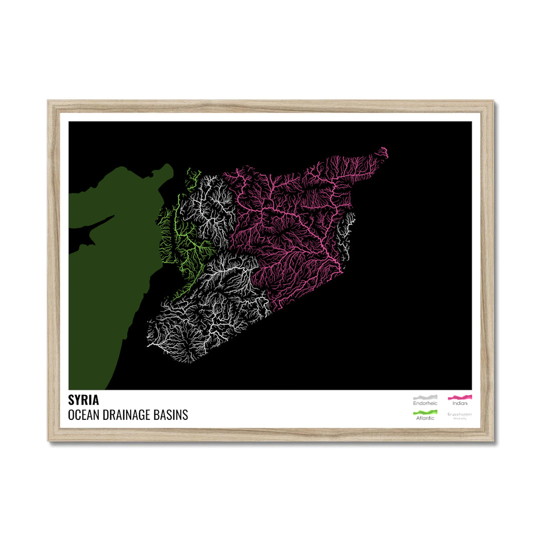 Syria - Ocean drainage basin map, black with legend v2 - Framed Print