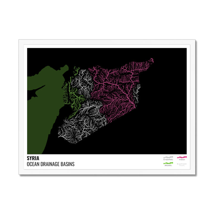 Syria - Ocean drainage basin map, black with legend v2 - Framed Print
