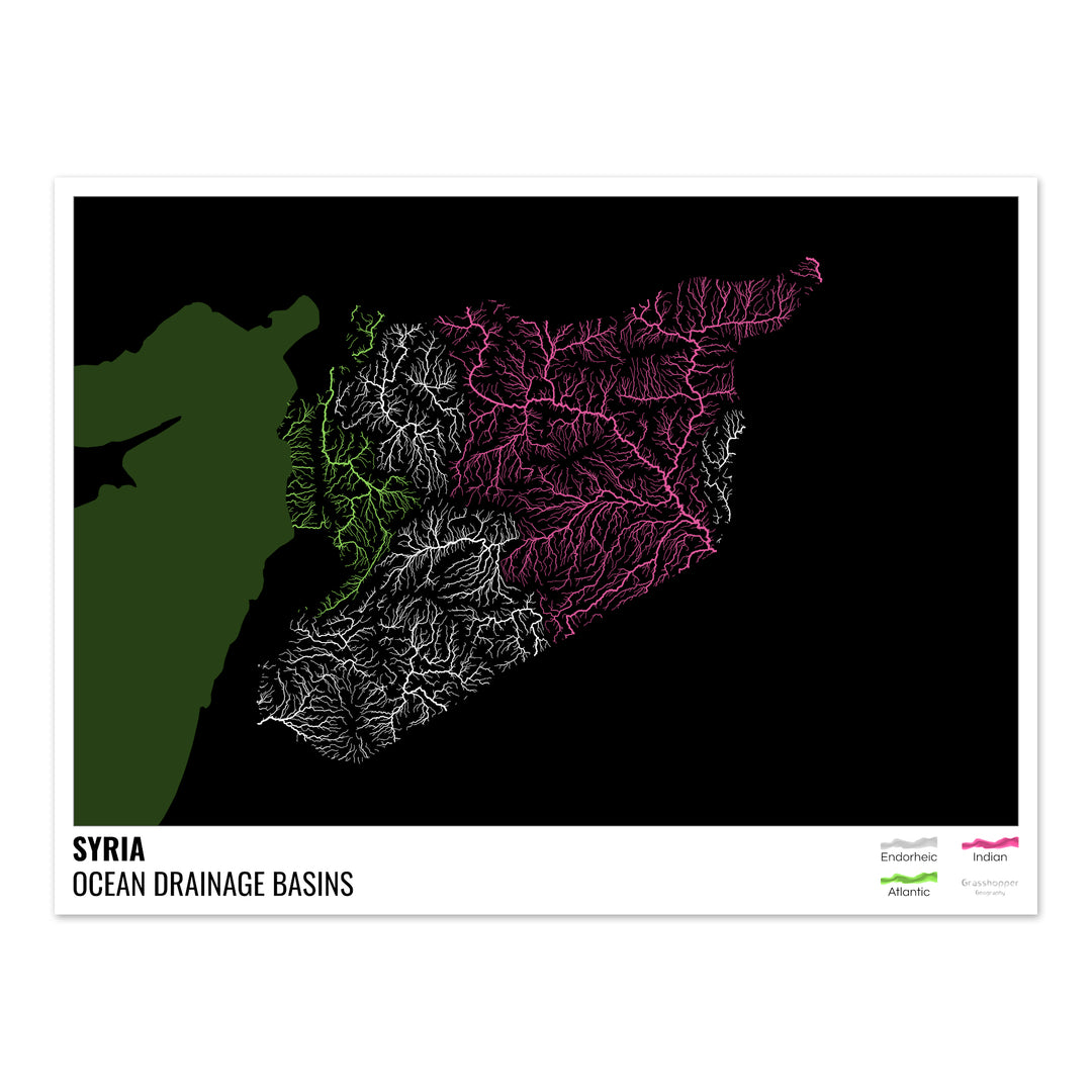 Syrie - Carte des bassins hydrographiques océaniques, noire avec légende v2 - Fine Art Print