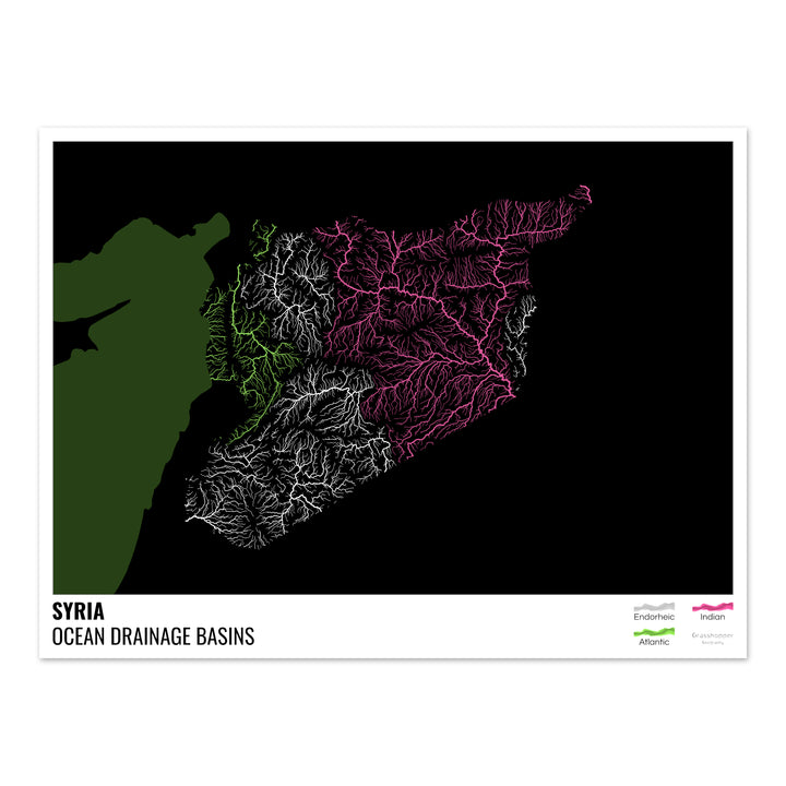 Siria - Mapa de la cuenca hidrográfica del océano, negro con leyenda v2 - Impresión fotográfica