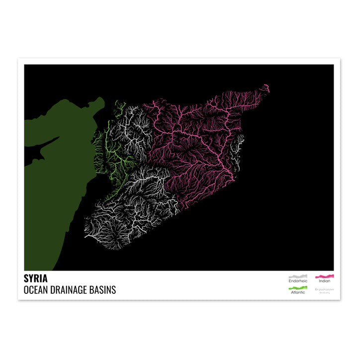 Syria - Ocean drainage basin map, black with legend v2 - Photo Art Print