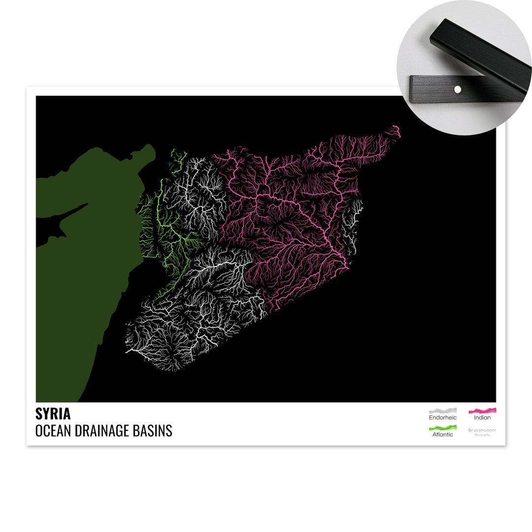 Siria - Mapa de la cuenca hidrográfica del océano, negro con leyenda v2 - Impresión artística con colgador