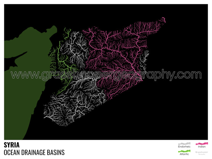 Siria - Mapa de la cuenca hidrográfica del océano, negro con leyenda v2 - Impresión de bellas artes