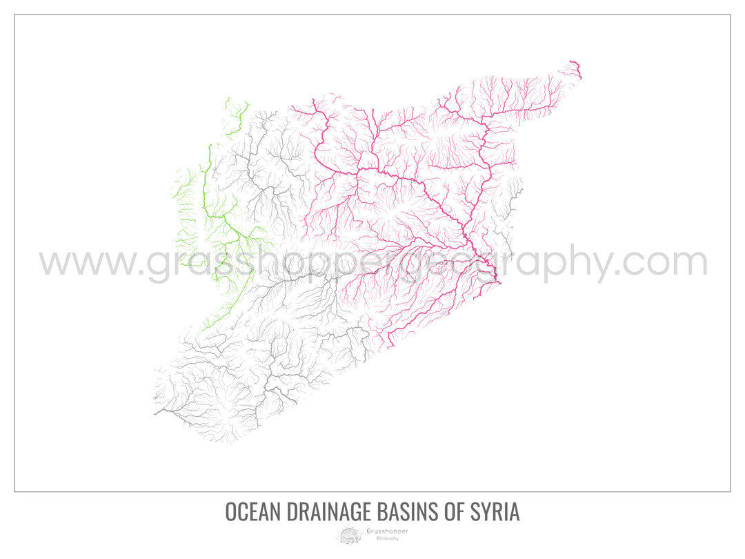 Siria - Mapa de la cuenca hidrográfica del océano, blanco v1 - Impresión de bellas artes