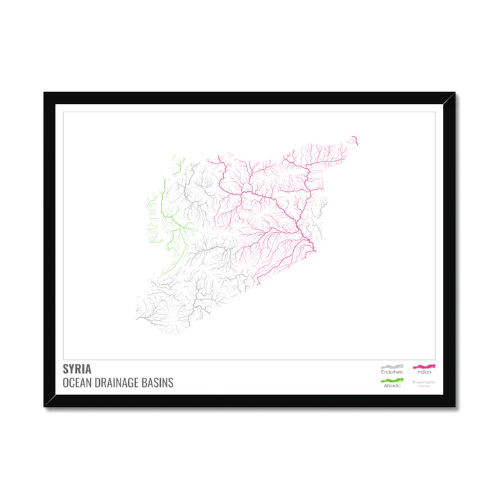 Syria - Ocean drainage basin map, white with legend v1 - Framed Print