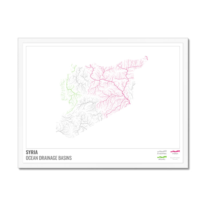 Syria - Ocean drainage basin map, white with legend v1 - Framed Print