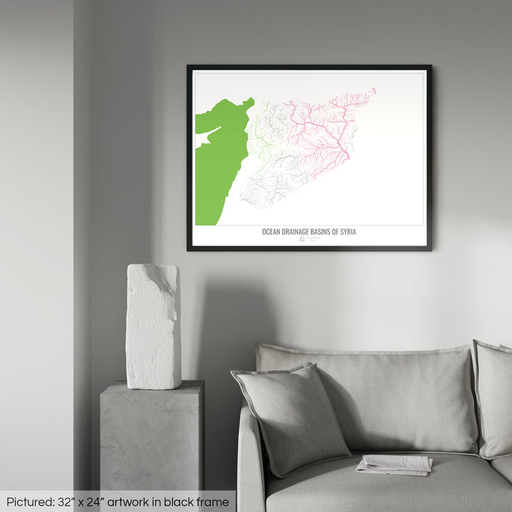 Syria - Ocean drainage basin map, white v2 - Framed Print