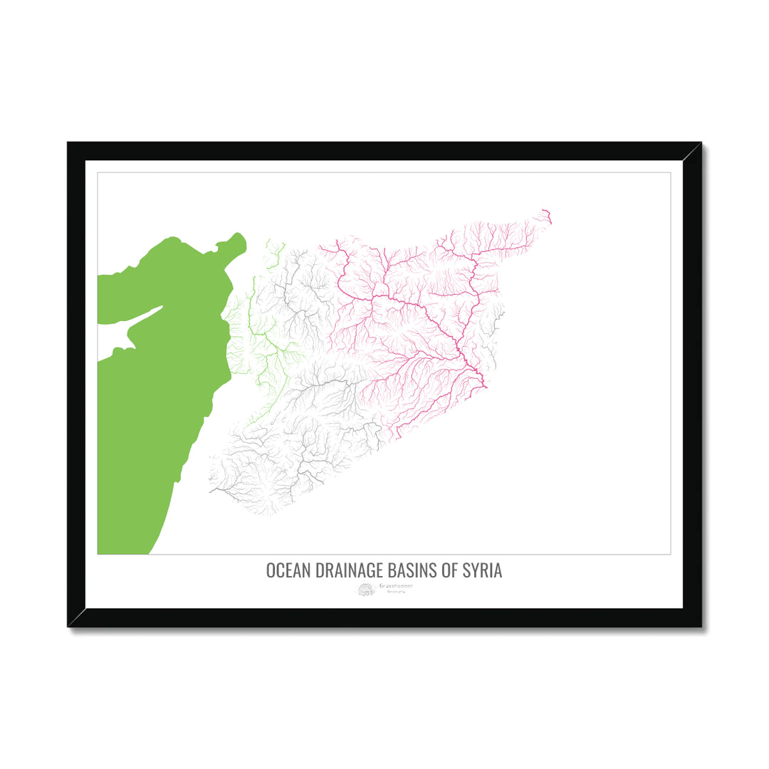 Syria - Ocean drainage basin map, white v2 - Framed Print