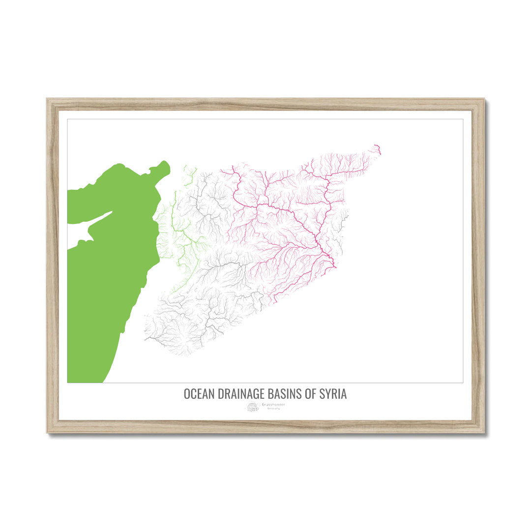 Syria - Ocean drainage basin map, white v2 - Framed Print