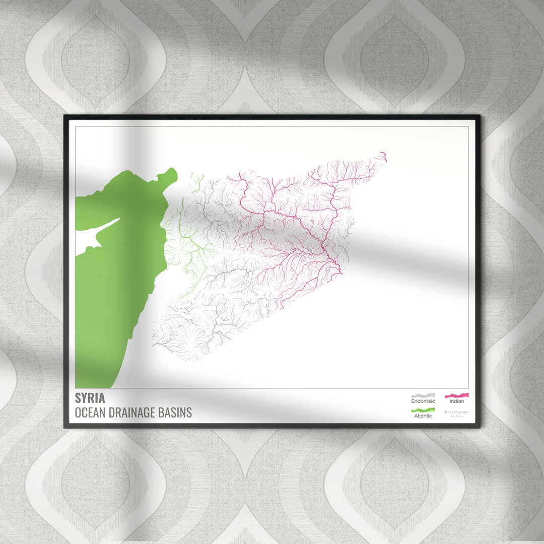 Siria - Mapa de la cuenca hidrográfica del océano, blanco con leyenda v2 - Impresión fotográfica