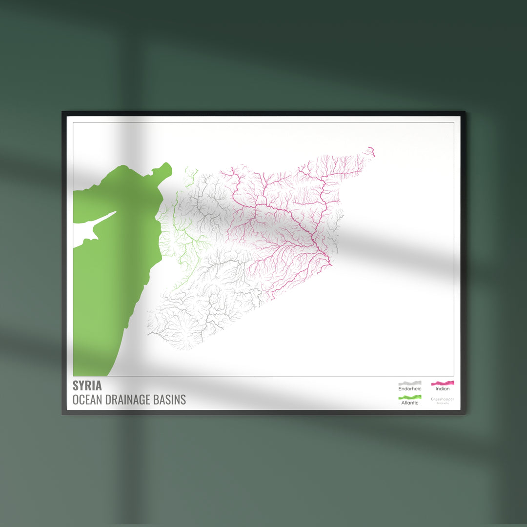 Síria - Mapa da bacia de drenagem oceânica, branco com legenda v2 - Impressão de belas artes