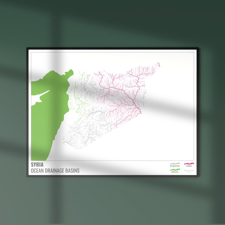 Síria - Mapa da bacia de drenagem oceânica, branco com legenda v2 - Impressão de belas artes