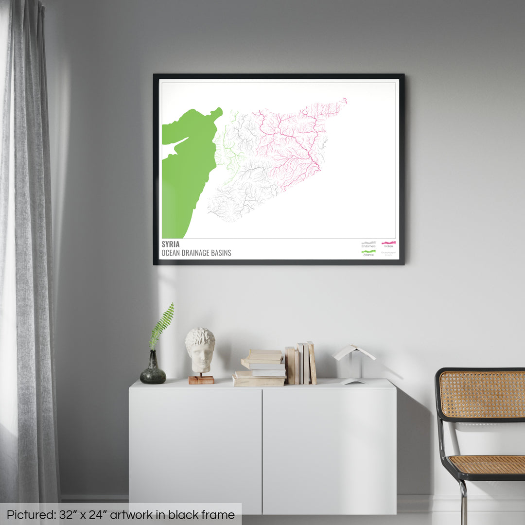 Syria - Ocean drainage basin map, white with legend v2 - Framed Print