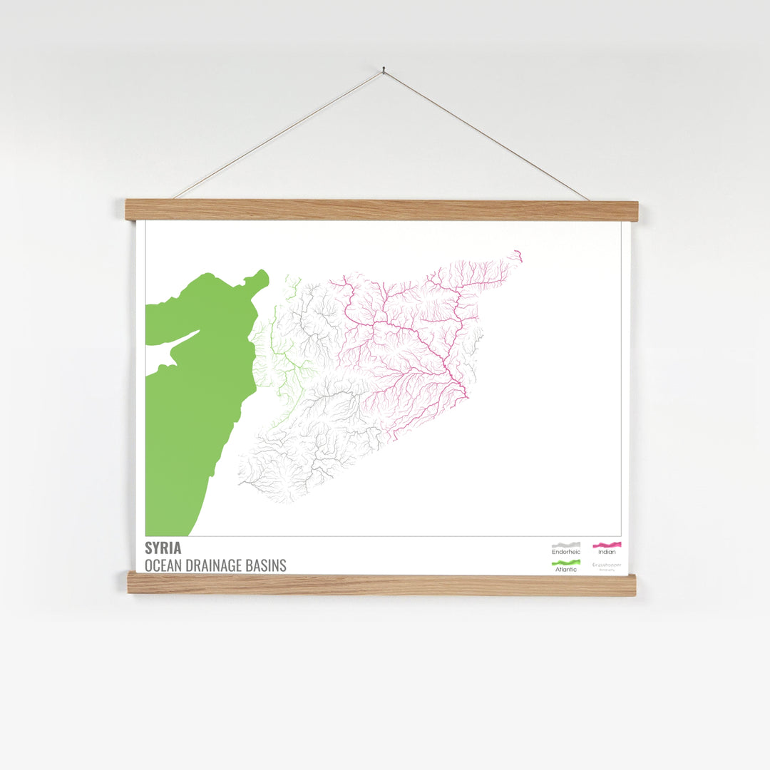 Síria - Mapa da bacia de drenagem oceânica, branco com legenda v2 - Impressão de belas artes com cabide