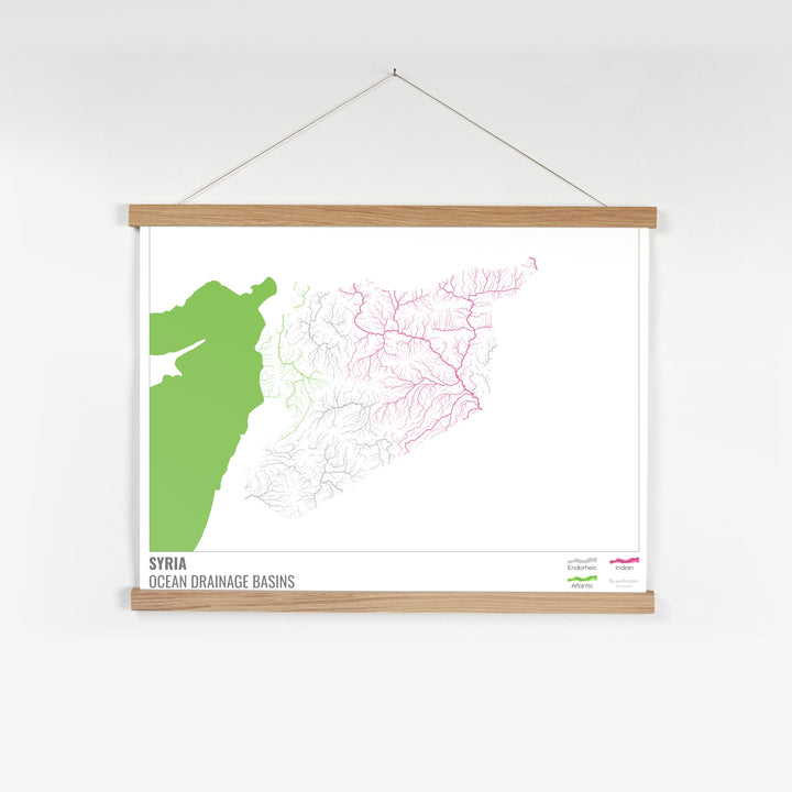 Síria - Mapa da bacia de drenagem oceânica, branco com legenda v2 - Impressão de belas artes com cabide