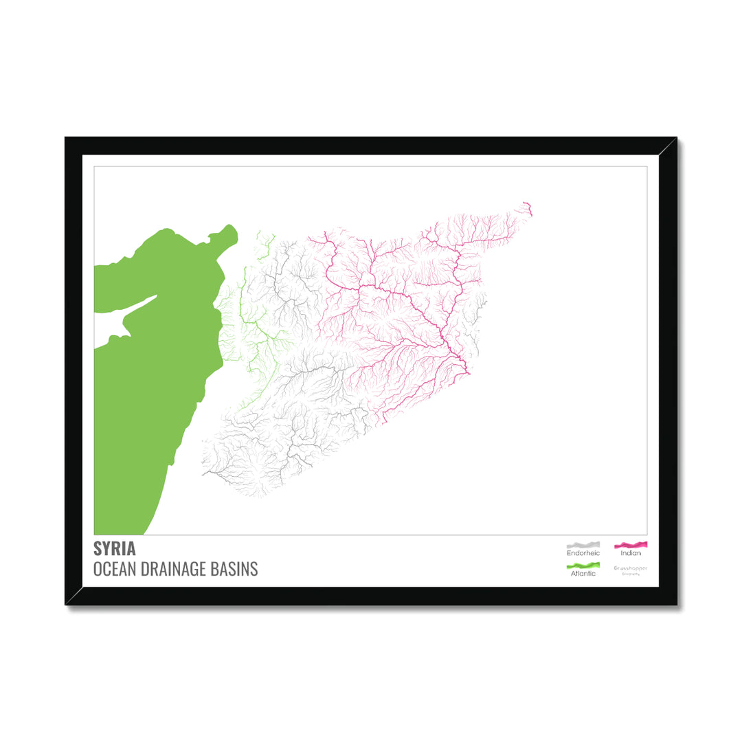 Syria - Ocean drainage basin map, white with legend v2 - Framed Print