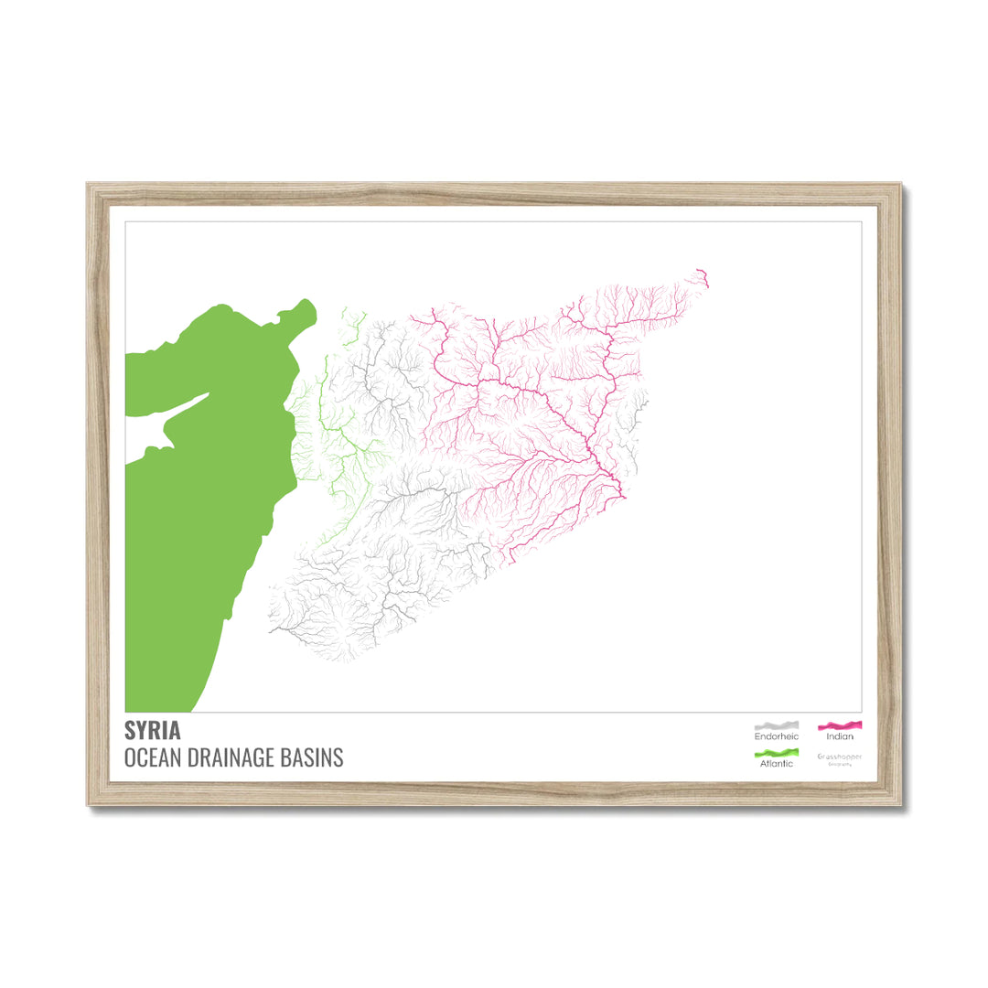 Syria - Ocean drainage basin map, white with legend v2 - Framed Print