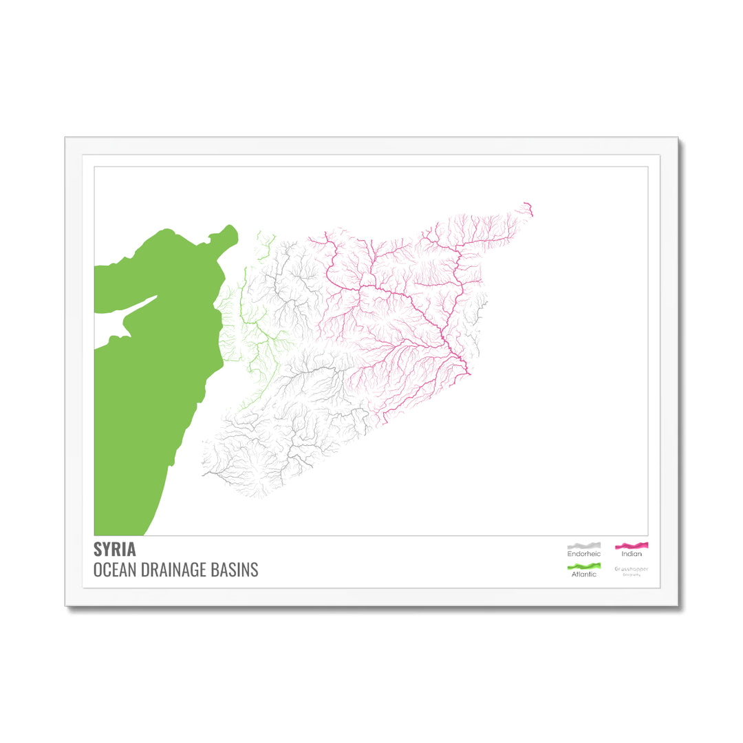 Siria - Mapa de la cuenca hidrográfica del océano, blanco con leyenda v2 - Lámina enmarcada