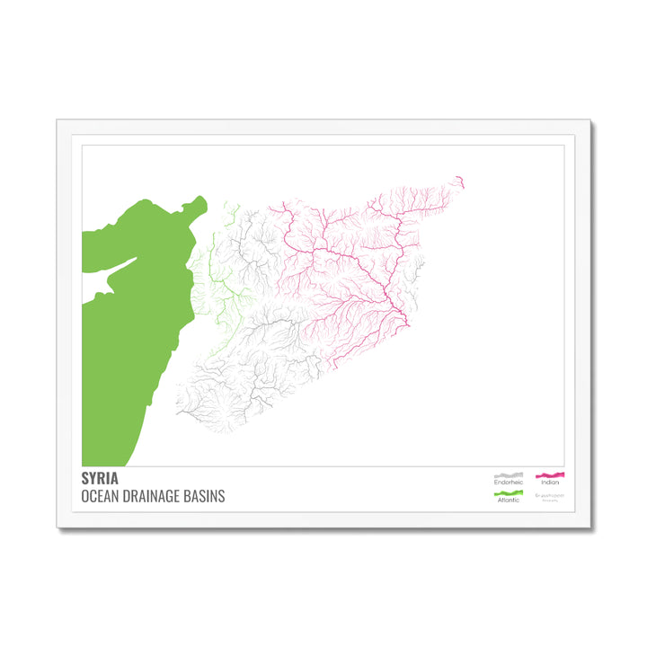 Syria - Ocean drainage basin map, white with legend v2 - Framed Print