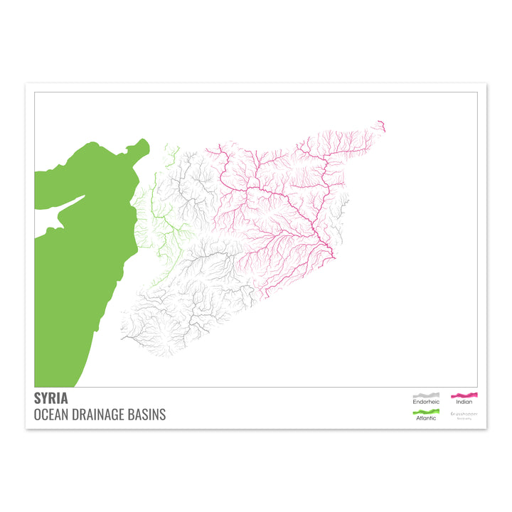 Siria - Mapa de la cuenca hidrográfica del océano, blanco con leyenda v2 - Impresión fotográfica