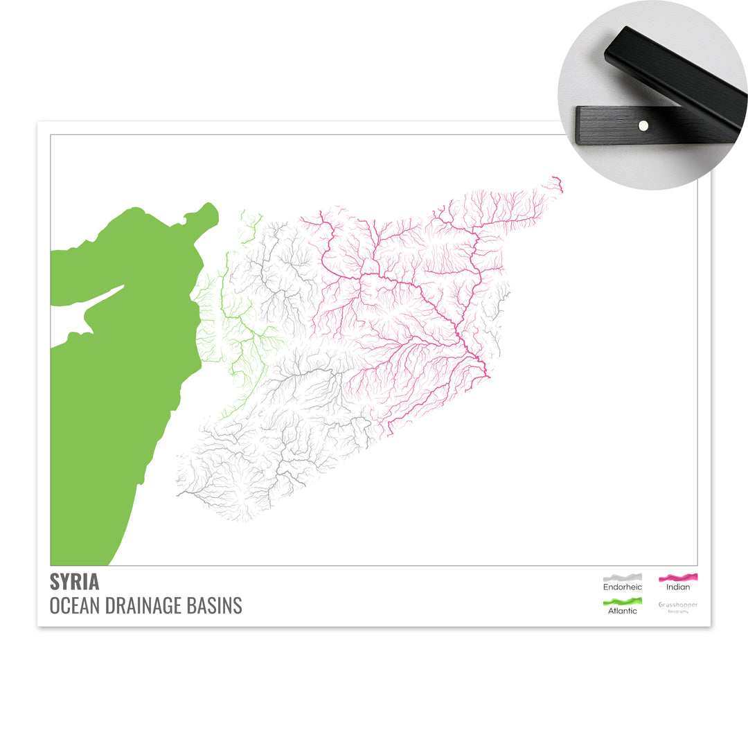 Siria - Mapa de la cuenca hidrográfica del océano, blanco con leyenda v2 - Impresión artística con colgador