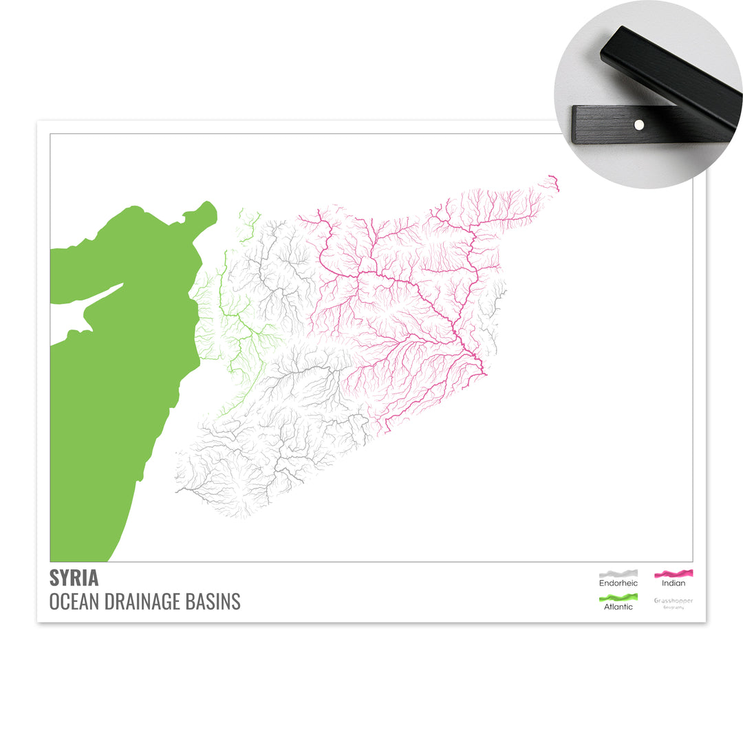 Síria - Mapa da bacia de drenagem oceânica, branco com legenda v2 - Impressão de belas artes com cabide
