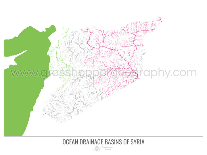 Síria - Mapa da bacia de drenagem oceânica, branco v2 - Impressão de arte fotográfica
