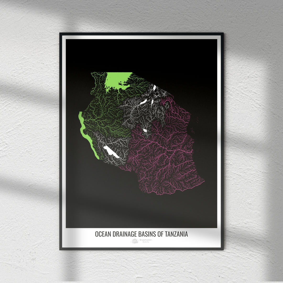 Tanzania - Ocean drainage basin map, black v1 - Photo Art Print