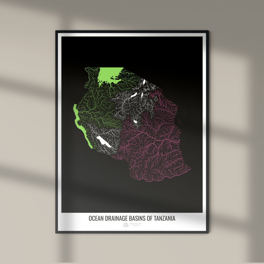 Tanzanie - Carte des bassins hydrographiques océaniques, noir v1 - Fine Art Print