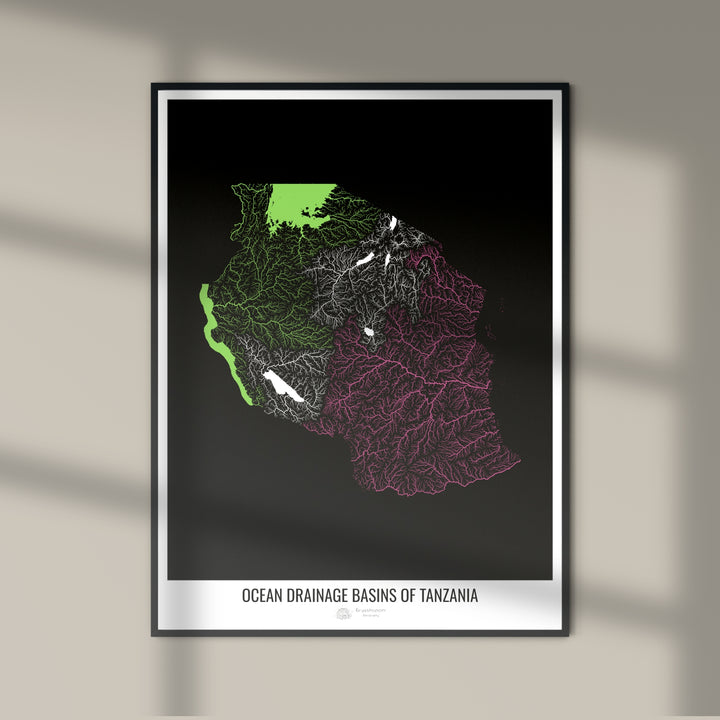 Tanzania - Ocean drainage basin map, black v1 - Fine Art Print