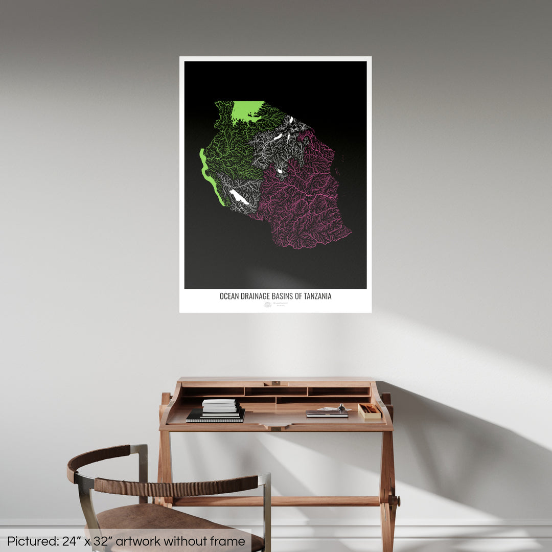 Tanzania - Ocean drainage basin map, black v1 - Fine Art Print