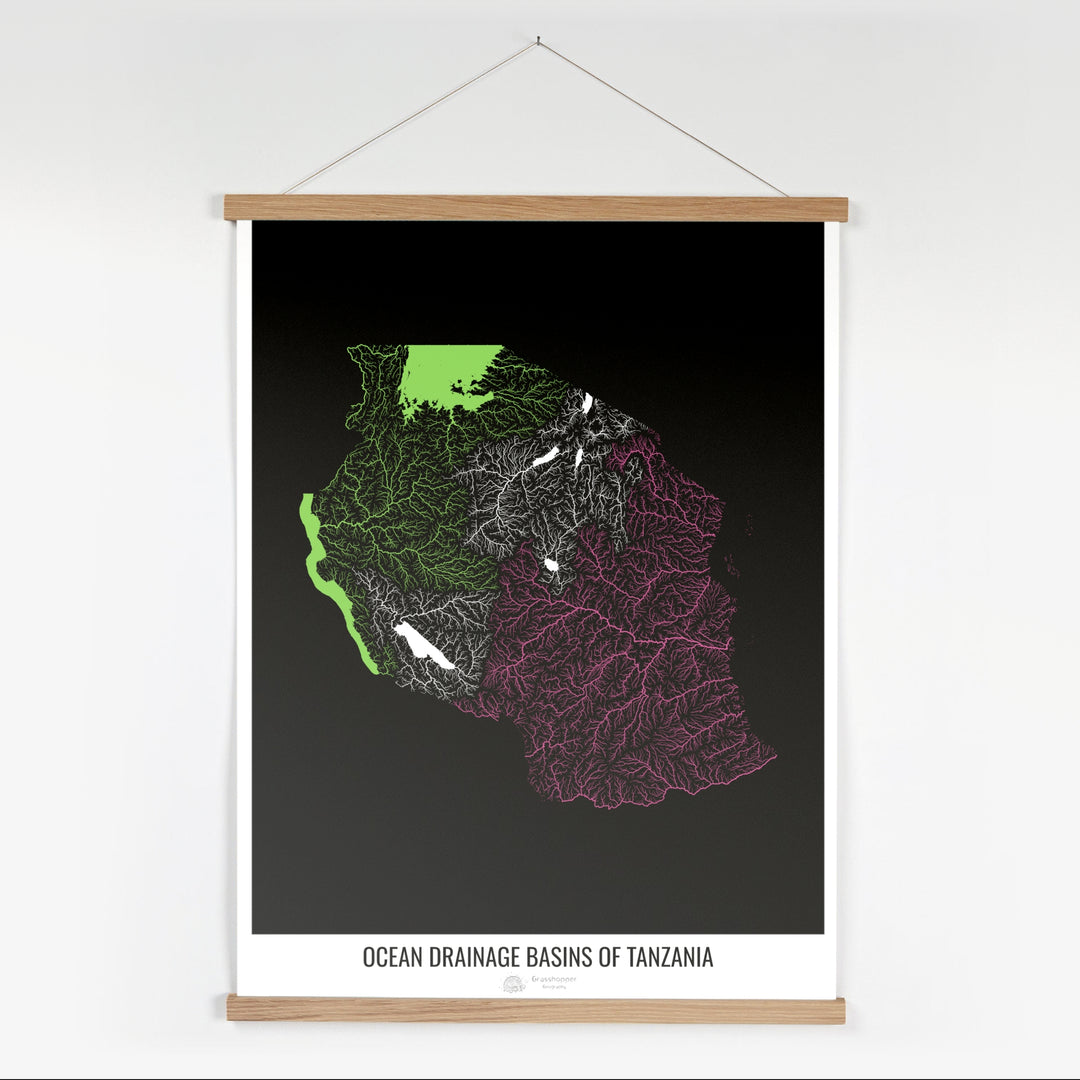 Tanzania - Ocean drainage basin map, black v1 - Fine Art Print with Hanger