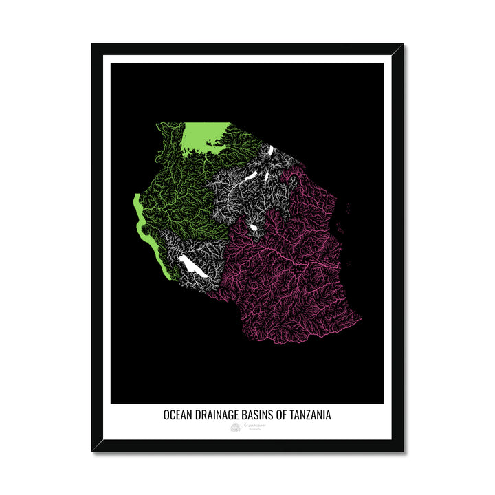 Tanzanie - Carte du bassin versant océanique, noir v1 - Impression encadrée