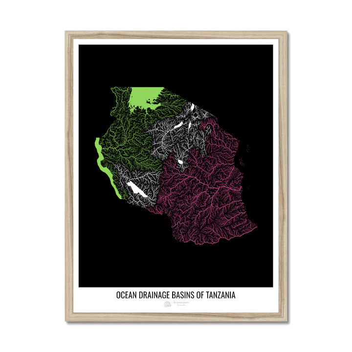 Tanzanie - Carte du bassin versant océanique, noir v1 - Impression encadrée