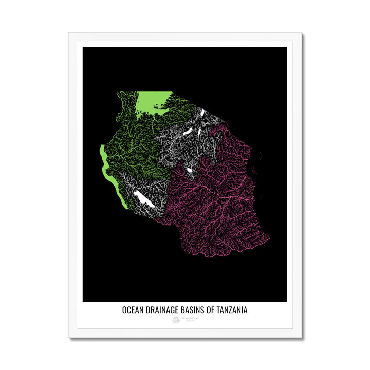 Tanzanie - Carte du bassin versant océanique, noir v1 - Impression encadrée