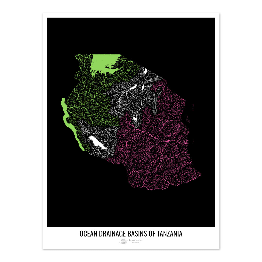 Tanzanie - Carte des bassins hydrographiques océaniques, noir v1 - Fine Art Print