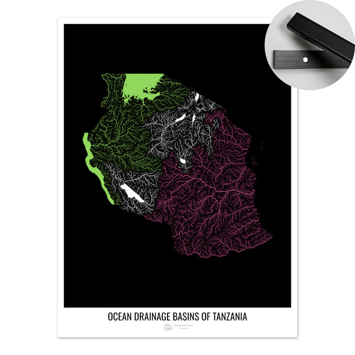 Tanzania - Ocean drainage basin map, black v1 - Fine Art Print with Hanger