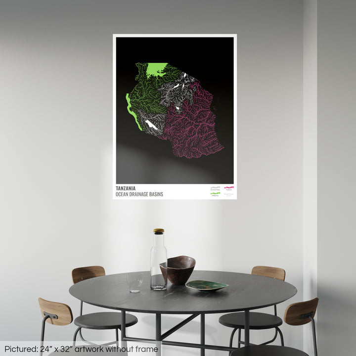 Tansania - Karte des Ozeaneinzugsgebiets, schwarz mit Legende v1 - Fine Art Print