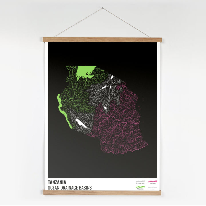 Tanzania - Ocean drainage basin map, black with legend v1 - Fine Art Print with Hanger