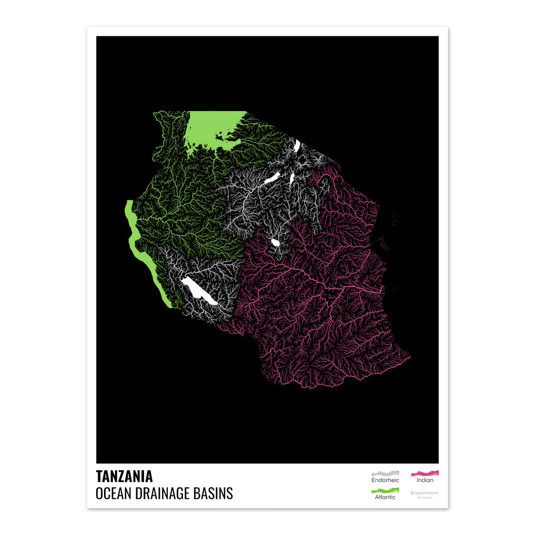 Tansania - Karte des Ozeaneinzugsgebiets, schwarz mit Legende v1 - Fine Art Print