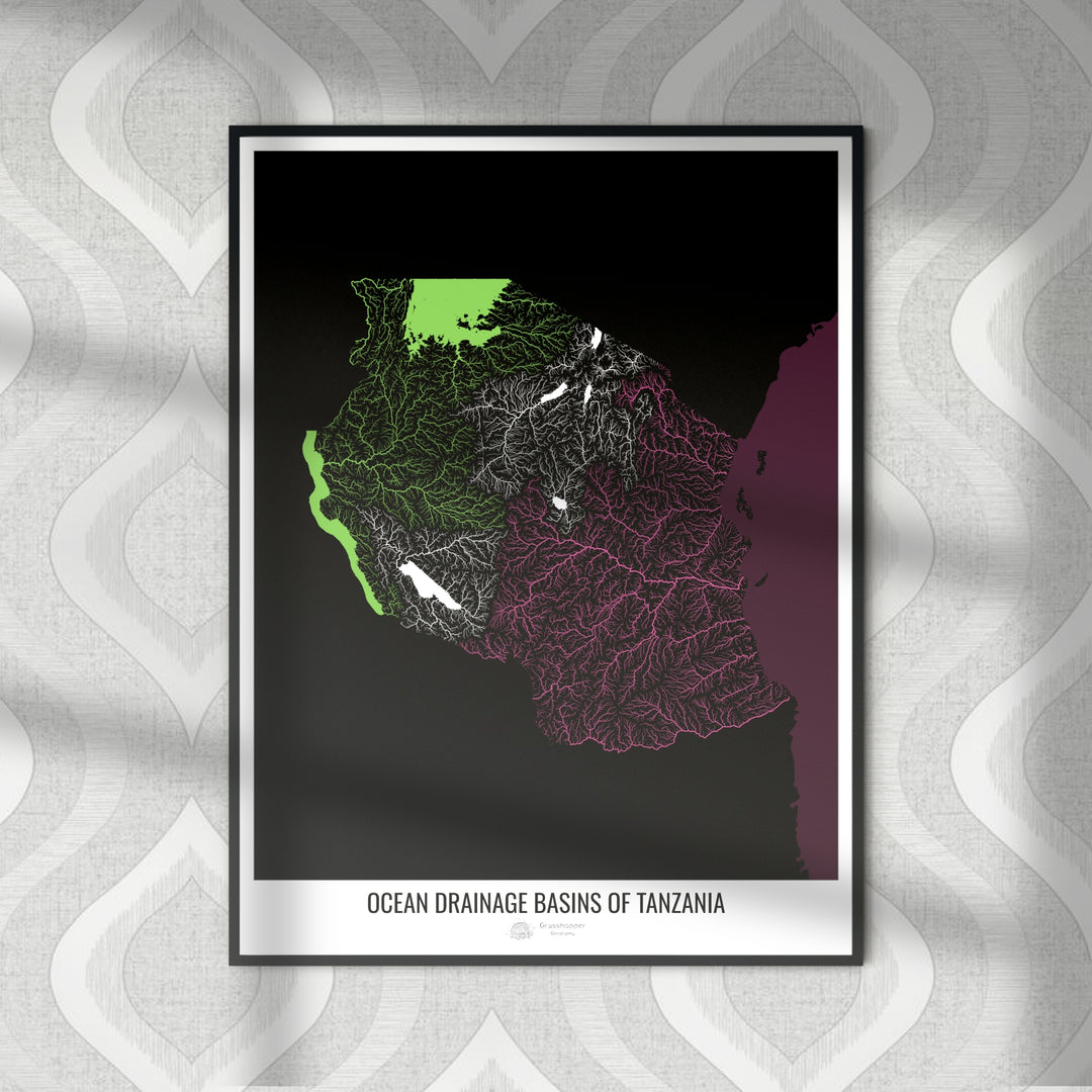 Tansania - Karte des Ozeaneinzugsgebiets, schwarz v2 - Fine Art Print