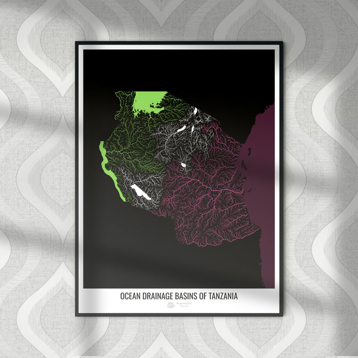 Tanzanie - Carte des bassins hydrographiques océaniques, noir v2 - Fine Art Print