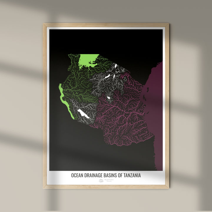 Tanzanie - Carte des bassins hydrographiques océaniques, noir v2 - Tirage photo artistique