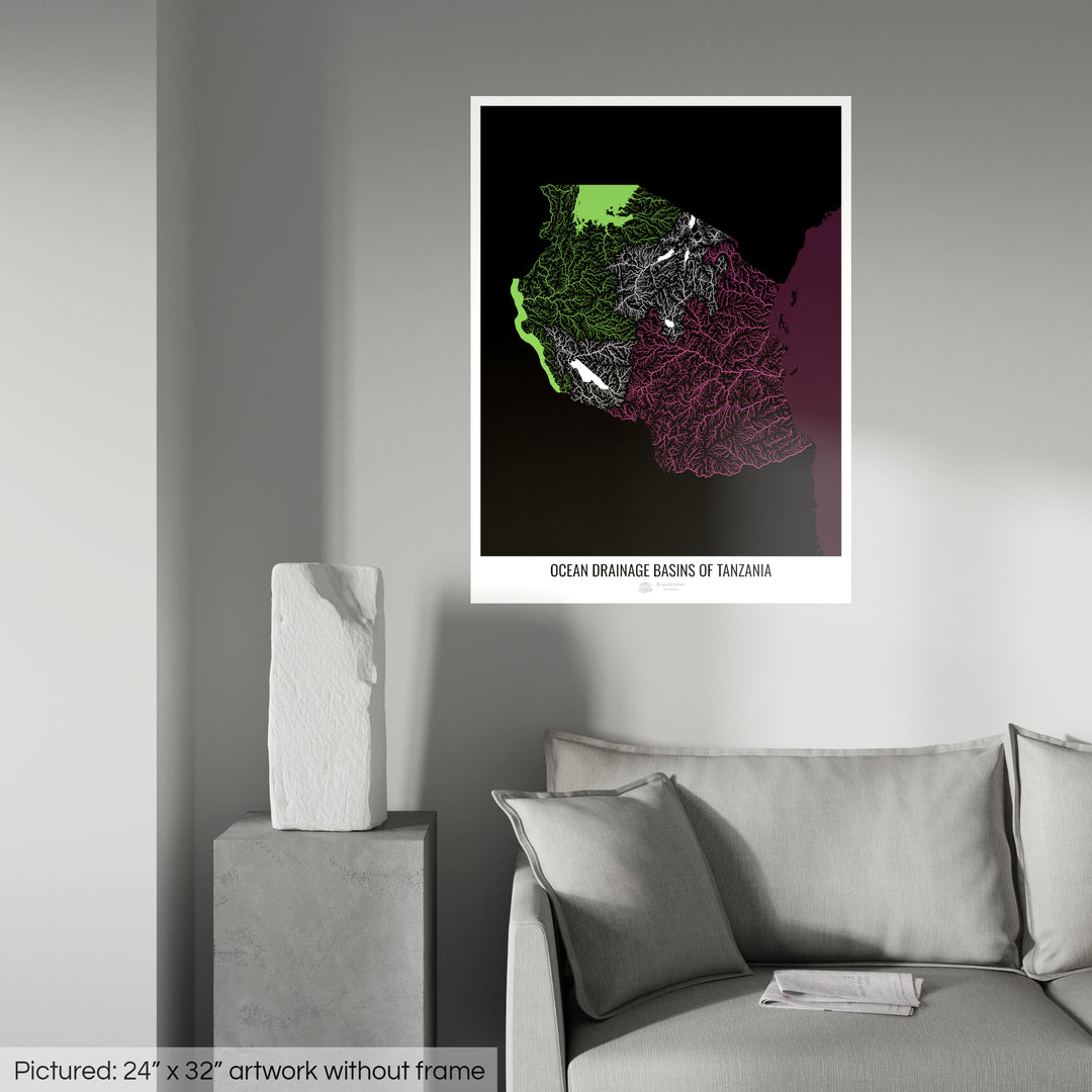 Tanzania - Ocean drainage basin map, black v2 - Fine Art Print