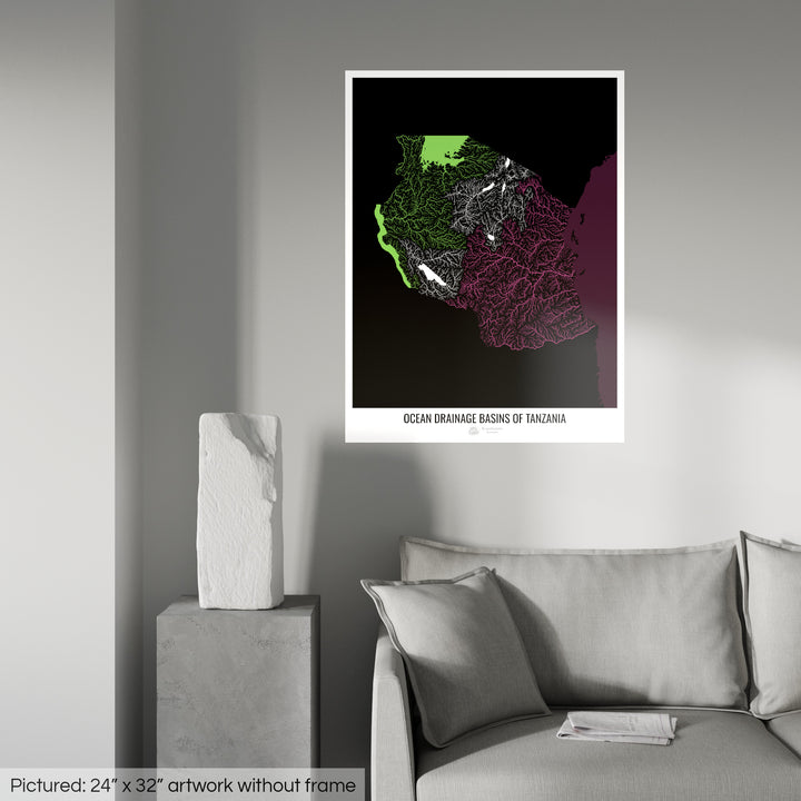 Tansania - Karte des Ozeaneinzugsgebiets, schwarz v2 - Fine Art Print
