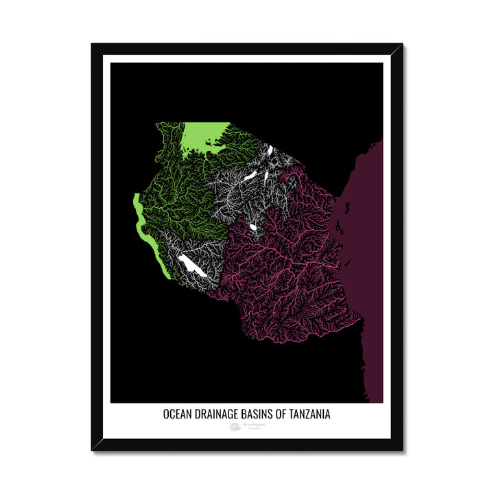 Tanzania - Ocean drainage basin map, black v2 - Framed Print