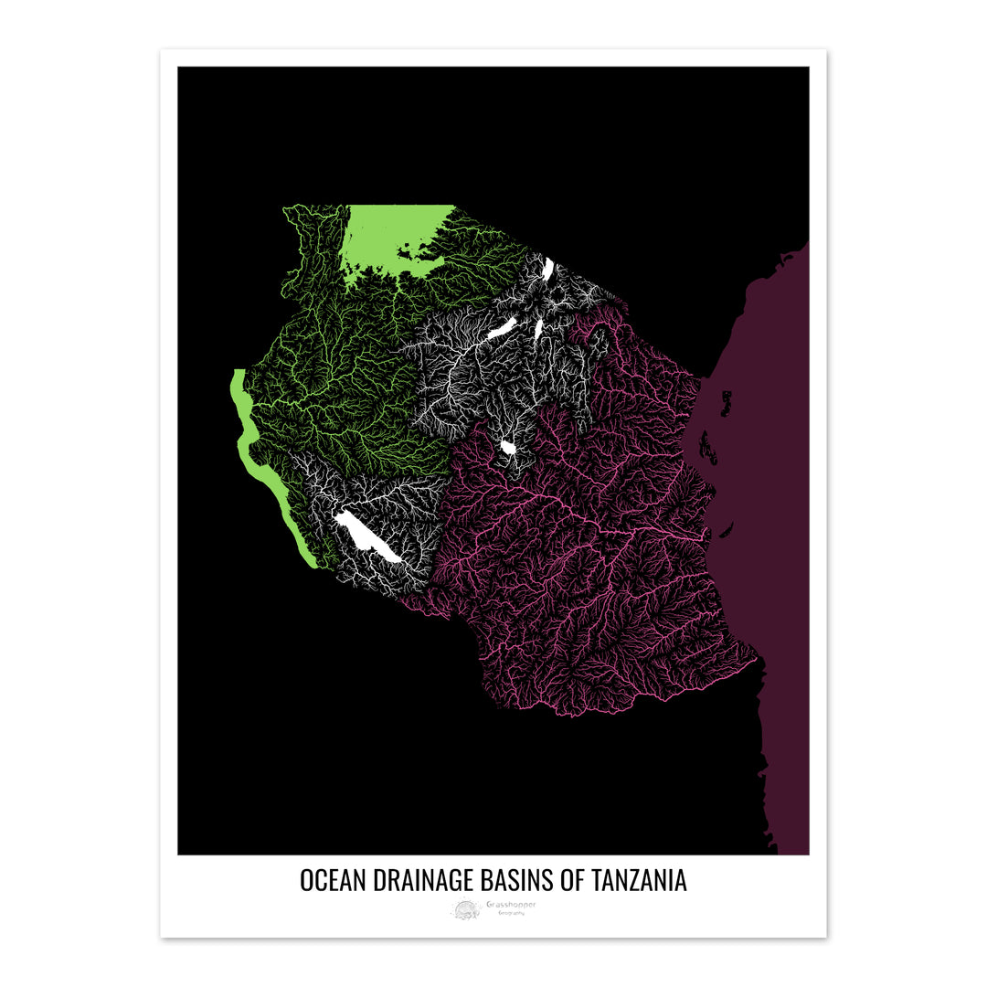 Tanzanie - Carte des bassins hydrographiques océaniques, noir v2 - Fine Art Print