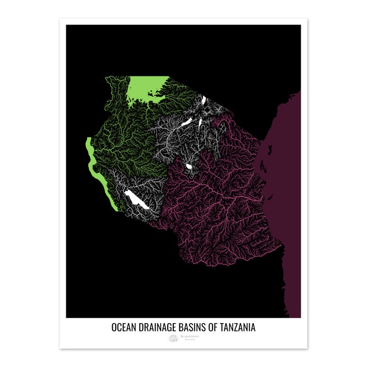 Tanzanie - Carte des bassins hydrographiques océaniques, noir v2 - Tirage photo artistique