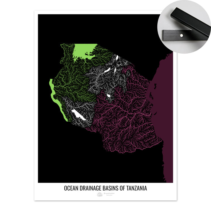 Tanzania - Ocean drainage basin map, black v2 - Fine Art Print with Hanger