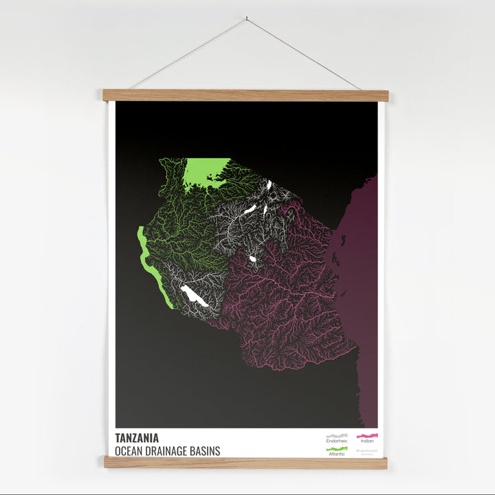 Tanzania - Mapa de la cuenca hidrográfica del océano, negro con leyenda v2 - Impresión artística con colgador